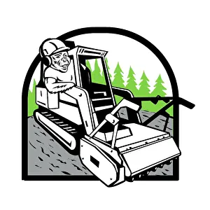 Mascot illustration of a cartoon beaver driving operating a skid steer mulcher with forest of trees set inside inverted