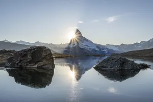 Matterhorn Mountain and Reflection in Lake Stellisee at Sunset