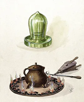 Medicine, anatomy, a cupping glass (above) and a pot on a fire
