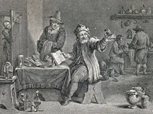 Medicine, Anatomy, Surgery, A doctor in his practice and workshop examining a urine bottle and referring to a book