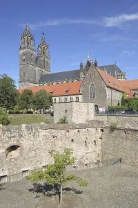 Medieval bastion Cleve with defence defence tower Cleve and Gothic Magdeburg Cathedral