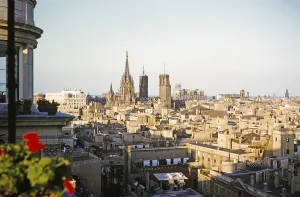 Medieval cathedral and roofs in the city centre, Barcelona, Catalonia, Spain July 1958 View of the cityscape from today's Hotel 1898