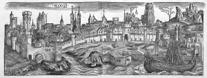 Medieval city view, general view of Cologne or Colonia, woodcut, from: Schedel'sche Weltchronik, Hartmann Schedel 1493