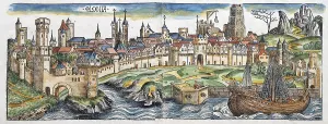 Medieval city view, general view of Cologne or Colonia, old coloured woodcut from: Schedel'sche Weltchronik, Hartmann Schedel 1493