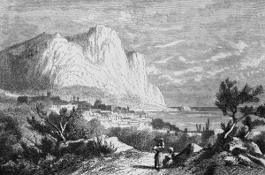 Mediterranean island of Capri in the Gulf of Naples, landscape with limestone cliffs, town, sandy path, woman in traditional traditional costume, nature, geography, Italy, historical illustration 1888, Europe