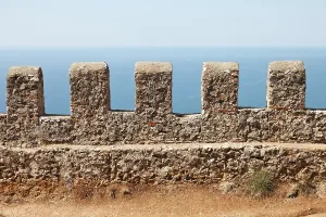 Mediterranean sea and blue sky view from Turkey Alanya ancient mountain castle wall