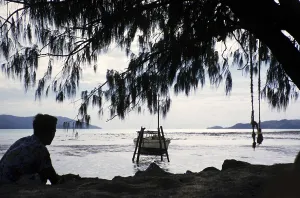 Melbourne Grammar School expedition to Queensland, Australia, 1956 Whitsunday Islands, boat on the beach, Oceania
