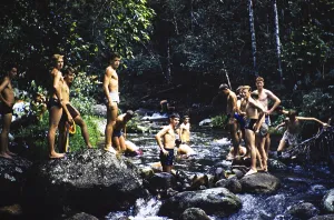 Melbourne Grammar School expedition to Queensland, Australia, 1956 Boys explore the tropical rainforest river, Oceania