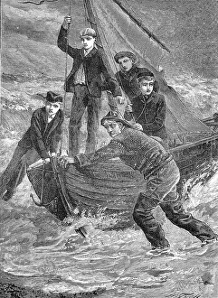 Men bringing a boat to the beach