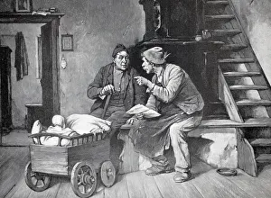 Two men discussing a newspaper article