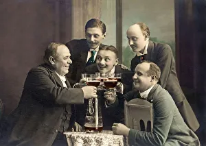 Men drinking beer or red wine, historic photograph