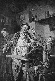 Men drinking liquor, historical engraving, 1888