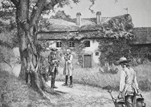 Men standing in a garden in front of a country house