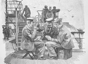 Men, summer holidaymakers on their way to Heligoland by ship playing cards