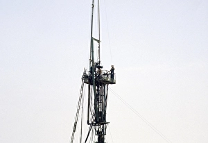 Men at work on a drilling rig in the oil exploration industry in the area of Dhahran, Saudi Arabia, Arabian Desert 1979, Asia