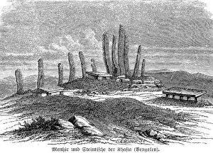 Menhir and stone tables of the Khasi, an indigenous people, today in the state of Meghalaya, megalithic memorial stones, India, vertical stones, mountainous landscape, history of mankind, historical illustration 1880, Asia