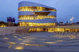 Mercedes-Benz Museum, evening, illuminated