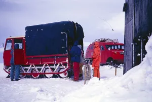 Mercedes Benz snow chain vehicle and GUSI Bombardier B 12 snowmobile, Gudmundur Jonasson travel company adventure Arctic expedition to the frozen ice cap, Iceland, 1972, Europe
