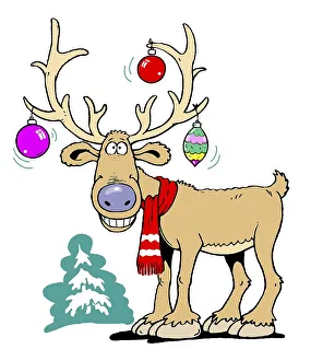 Merry reindeer with x-mas ball ornament in his antlers