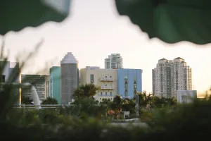 The Miami skyline bathes in the warm glow of sunset