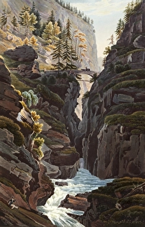 The middle bridge of the Via Mala, section of path along the Hinterrhein between Thusis and Zillis-Reischen in the canton of Graubuenden, Switzerland, view from around 1830