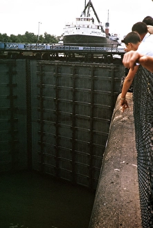 Midland Prince cargo ship (1907-1968) in lock of Welland canal, St Lawrence seaway, Great Lakes, Ontario, Canada, North America 1963, North America