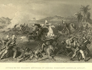 Military and munity mutiny views attack on Sealkote mutineers by general Nicholson's Irregular Cavalry, India, Asia