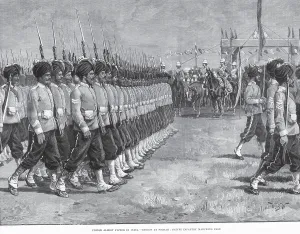 Military and mutiny, prince Albert victor in India, review at Poona Pune, native infantry marching past, Maharashtra, India, Asia