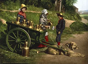 Milk seller with a cart pulled by dogs