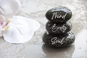Framed Print : Mind, Body and Soul words engraved on zen stones with space for text