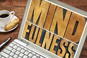 Framed Print : Mindfulness word typography - isolated text in letterpress wood type on a laptop screen - spiritual concept