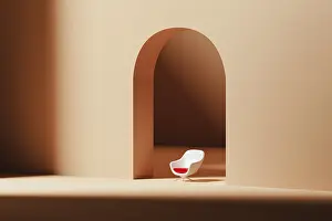 A minimalist 3D composition featuring a stylish chair positioned under an archway