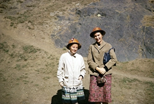Mining at Cerro de Pasco, Peru, South America, around 1962 two female tourists with safety helmets on tour, South America