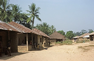 Mixture of corrugated iron and thatched roofs of village houses, Vaama, Southern Province, Sierra Leone, West Africa 1978, Africa