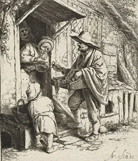 Mobile spectacle seller and an old woman as customer