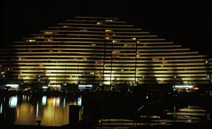 Modern architecture flats at night at Marina Baie des Anges, Nice, French Riviera, France 1974