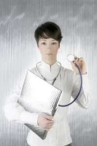 Modern future doctor woman stethoscope and silver folder