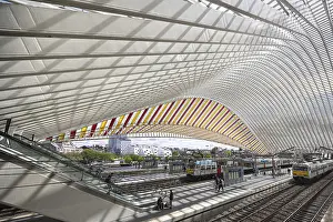 Modern station concourse with curved glass roof and visible train tracks