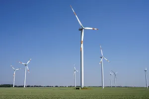 Modern wind turbines in rural Germany