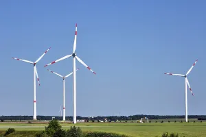Modern wind turbines in a rural region in Germany