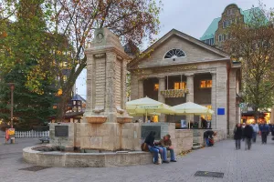 The Moenckebergbrunnen fountain on the corner of the Moenckebergstrasse and Spitalerstrasse streets