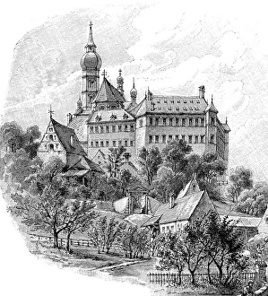 The monastery Andechs, reproduction of a woodcut publication from the year 1888