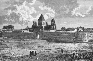 Monastery or cathedral of Etchmiadzin near Yerevan or Yerevan, an Armenian Apostolic church, UNESCO World Heritage Site, first founded in the 4th century, wall, church tower, travelling in Asia, Armenia, historical illustration 1887, Asia