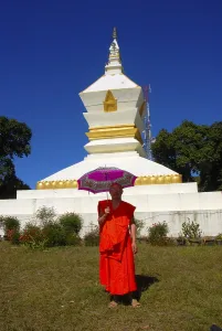 Monk with parasol, orange robe