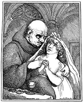 Monk and a penitent child, historical illustration from the 19th century after a caricature by Thomas Rowlandson
