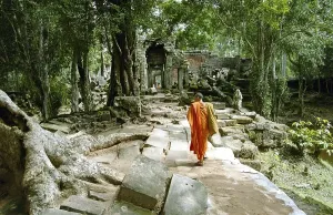 Category Buddhism Prints: Monk walking in the ruins of Angkor Wat