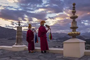 Monks blowing conches at Spituk Monastery (Gompa)
