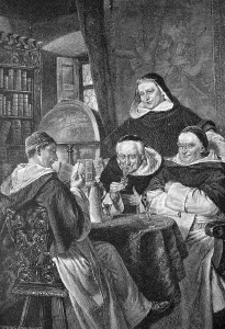 Monks drinking wine, historic engraving, 1888