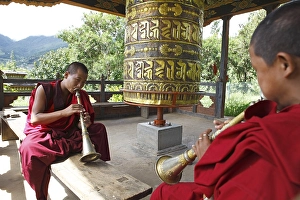 Category Buddhism Prints: Monks playing Gyalings, Chimi Temple