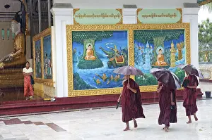 Monks in rain at shwedagon pagoda temple in yangon myanmar